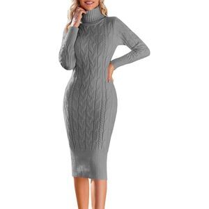 Long Sleeve Turtleneck Sweater Dresses Cable Knitted Bodycon Midi Sheath Dresses